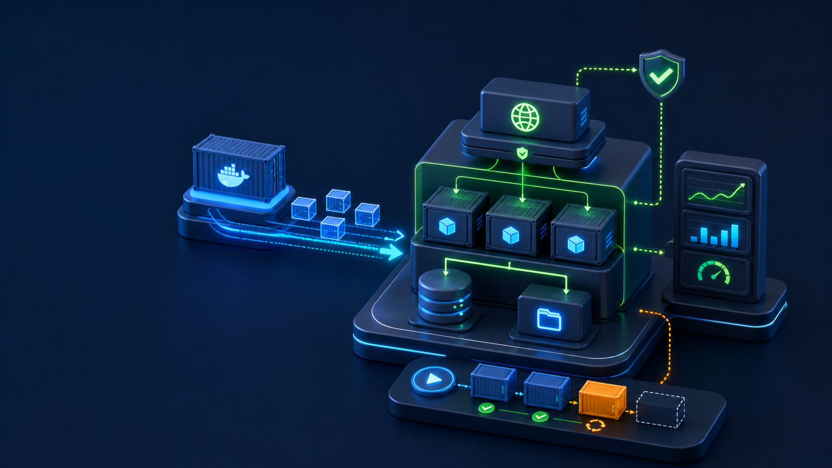 Docker Compose production deployment with application, storage, monitoring, and controlled update