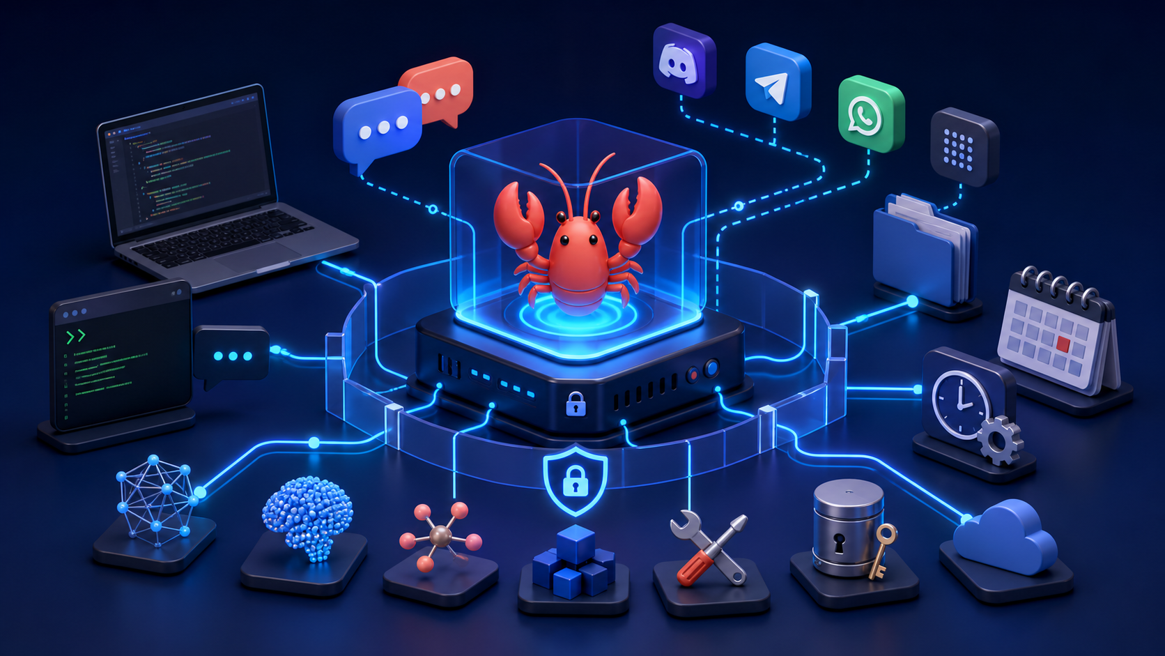 OpenClaw personal AI assistant gateway connecting models, tools, files, and chat channels